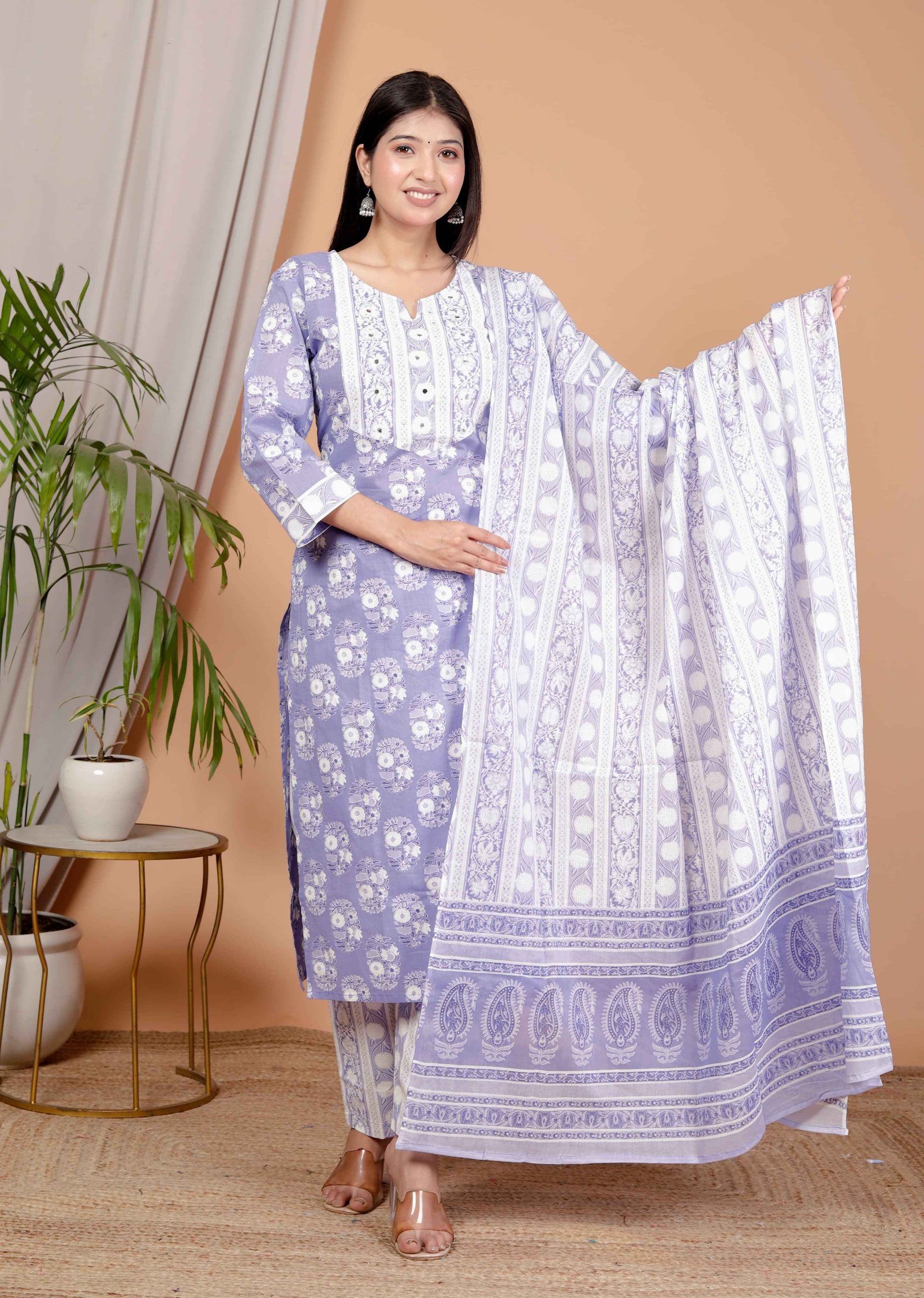 Lavender Floral Printed Cotton Kurta Set with Dupatta